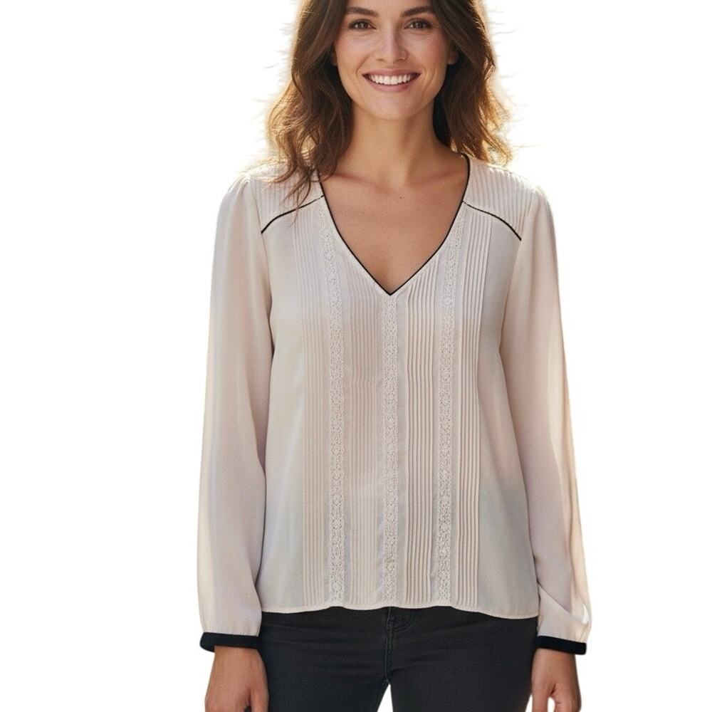 Daniel Rainn Sheer Pintuck Pleated Cream Long Sleeve Blouse‎ MEDIUM Cottage